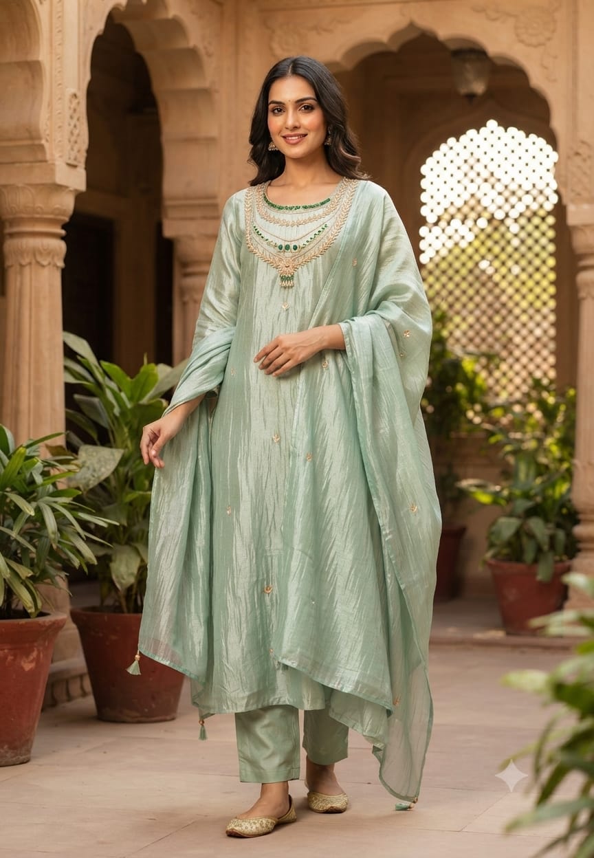 Premium Jewel Stone Zardosi Embroidery Over Yoke A-Line Crush Tissue Full Suit Set With Dupatta- 16236