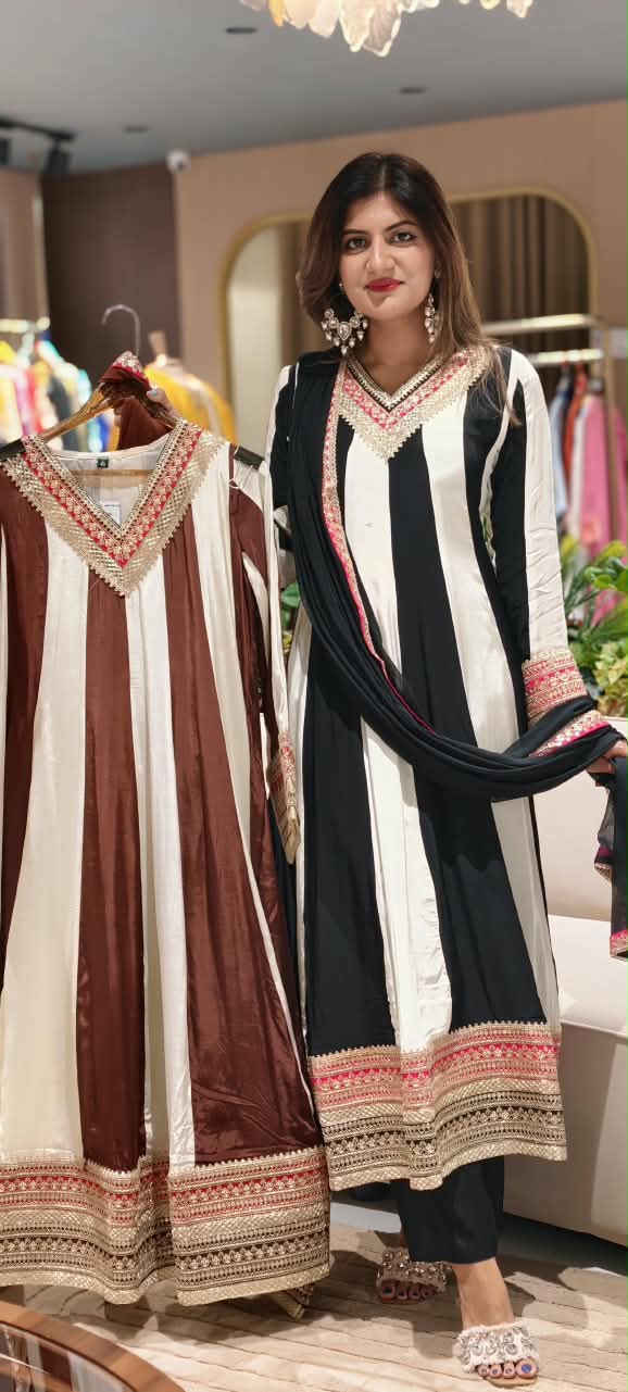 Highly Flared Panel Dual Tone Crepe Anarkali Full Suit Set With Dupatta With Vibrant Zardosi Borderd Work- 16127