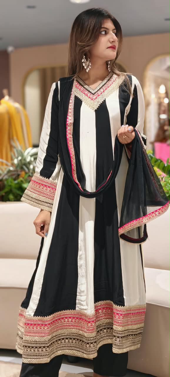 Highly Flared Panel Dual Tone Crepe Anarkali Full Suit Set With Dupatta With Vibrant Zardosi Borderd Work- 16127