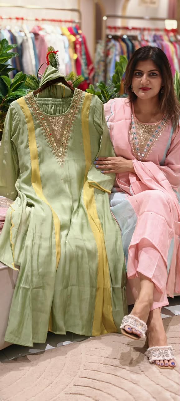 Real Mirror With Sequin Beautiful A-Line Surat Mul-Chanderi Full Suit Set With Dupatta- 16223