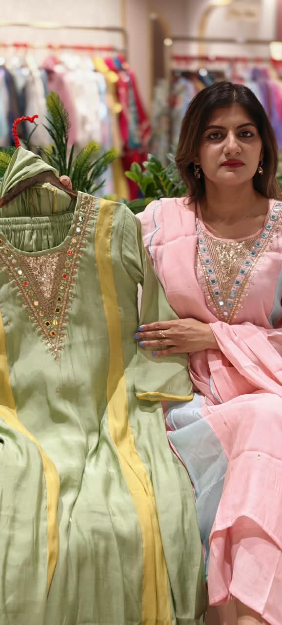 Real Mirror With Sequin Beautiful A-Line Surat Mul-Chanderi Full Suit Set With Dupatta- 16223