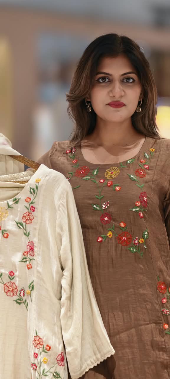 Spring Floral Gardenia Embroidered Banarasi Mul-Chanderi A-Line Full Suit Set With Dupatta- 16218