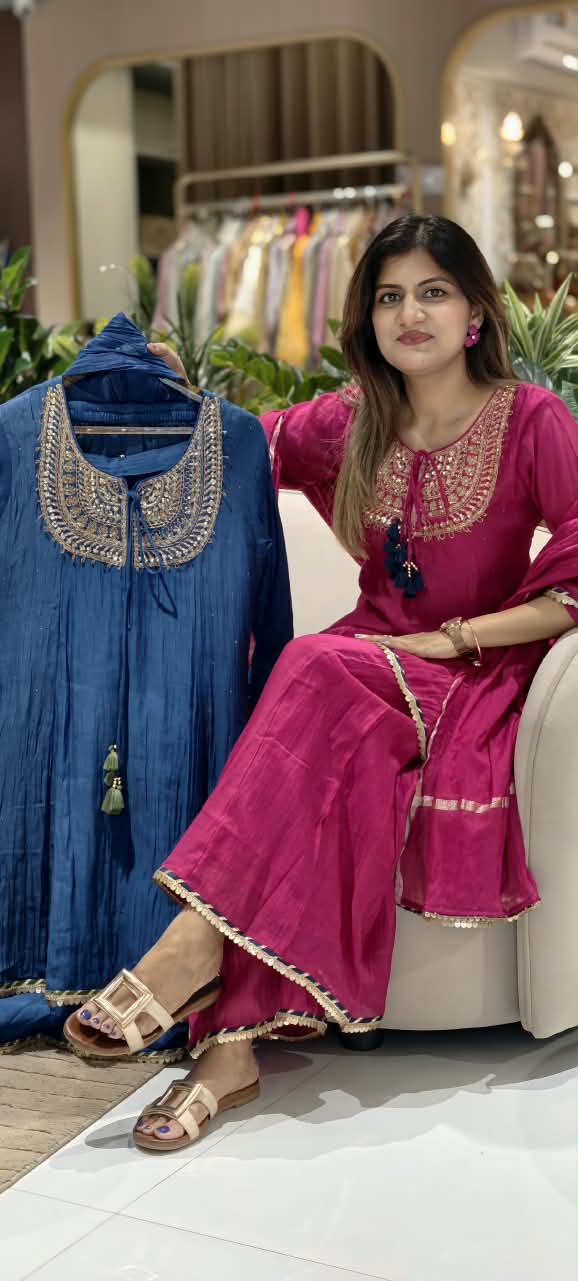 Heavy Embroidered Yoke With Tassel Accent Pure Mul-Chanderi A-Line Full Suit Set With Dupatta- 15802