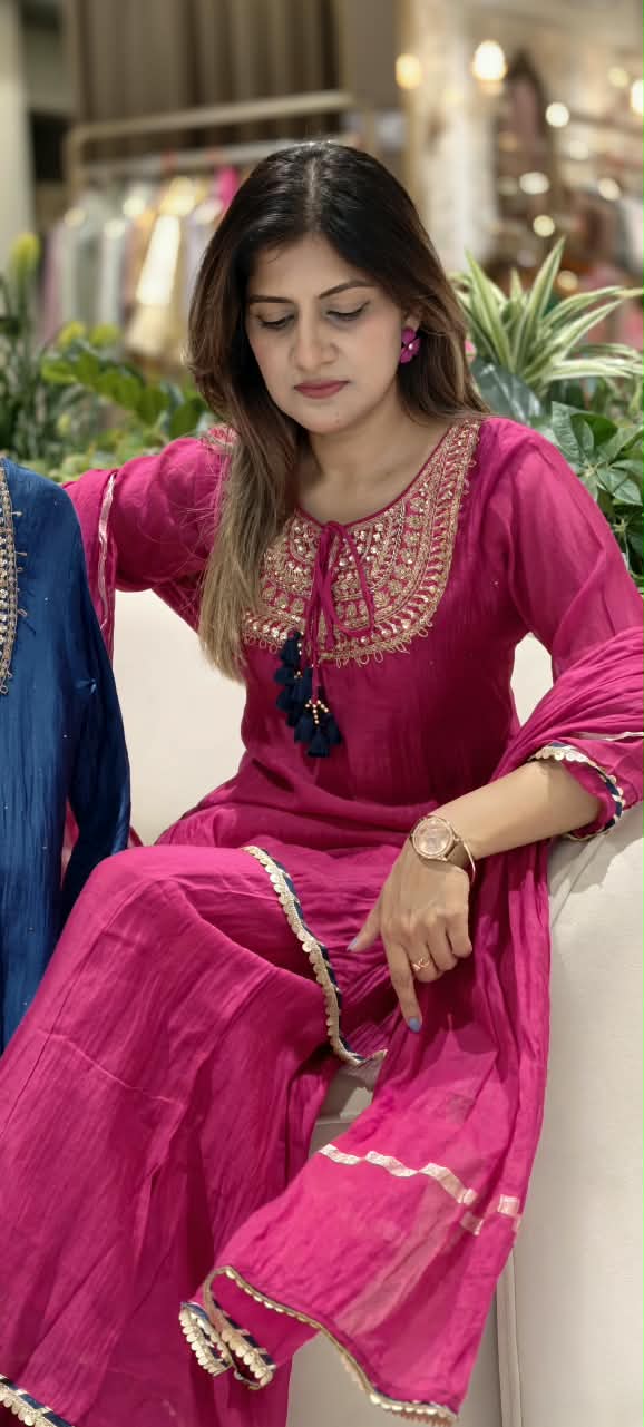 Heavy Embroidered Yoke With Tassel Accent Pure Mul-Chanderi A-Line Full Suit Set With Dupatta- 15802
