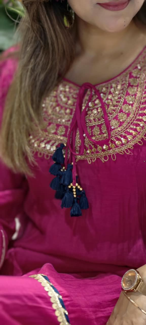 Heavy Embroidered Yoke With Tassel Accent Pure Mul-Chanderi A-Line Full Suit Set With Dupatta- 15802