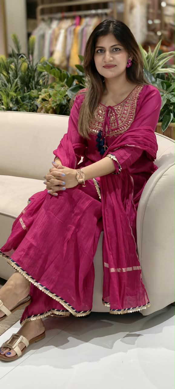 Heavy Embroidered Yoke With Tassel Accent Pure Mul-Chanderi A-Line Full Suit Set With Dupatta- 15802