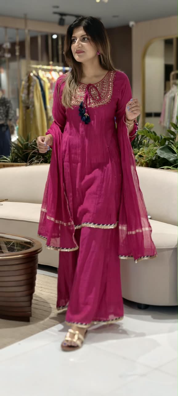Heavy Embroidered Yoke With Tassel Accent Pure Mul-Chanderi A-Line Full Suit Set With Dupatta- 15802