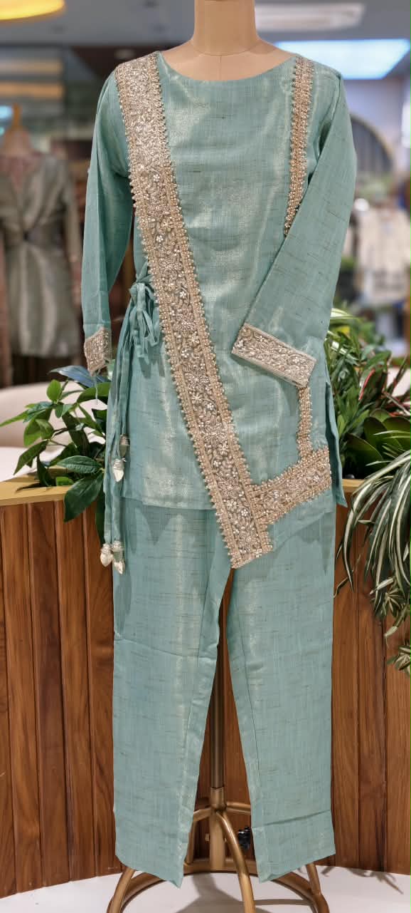 Ivory Over Lay Look Side Knotted Shimmer Embroidered Outline Premium Tissue Co-Ord Set- 15774