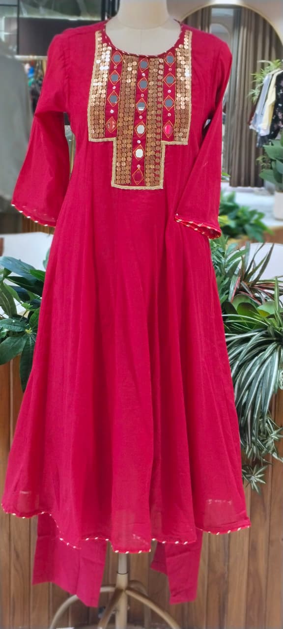 Real Mirror Boho Chic Boxed Yoke Panel Mul-Cotton Anarkali Full Suit Set With Dupatta- 16241