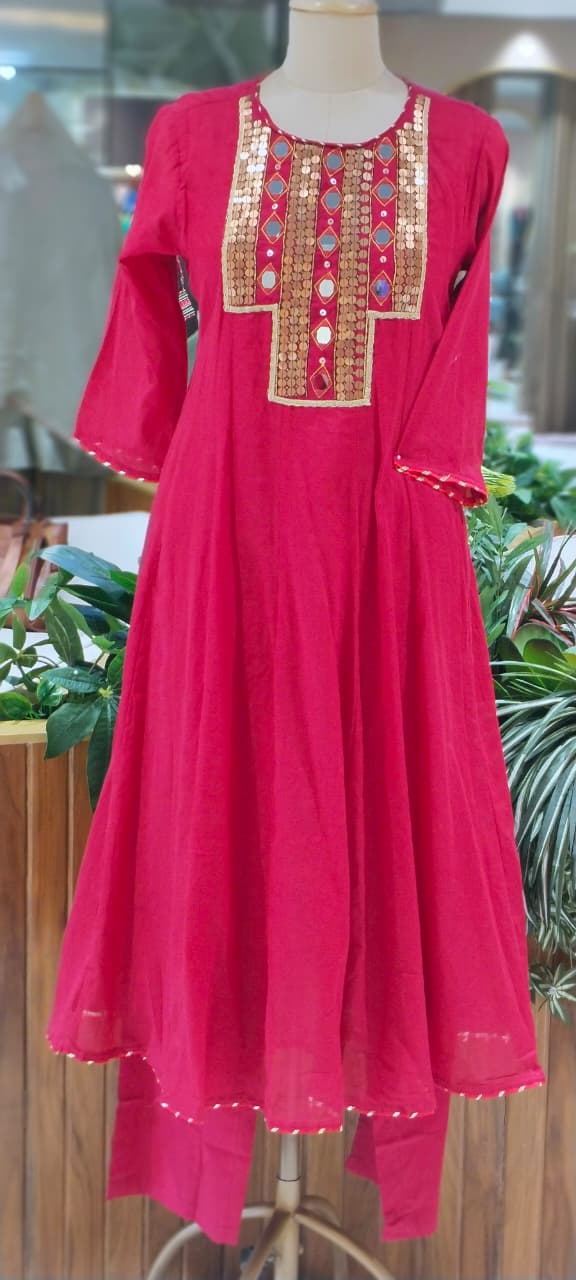 Real Mirror Boho Chic Boxed Yoke Panel Mul-Cotton Anarkali Full Suit Set With Dupatta- 16241