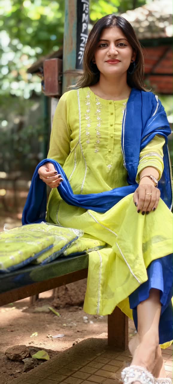 Twin Color Parrot Inspired Pure Chanderi A-Line Full Suit Set With Organza Dupatta- 16248