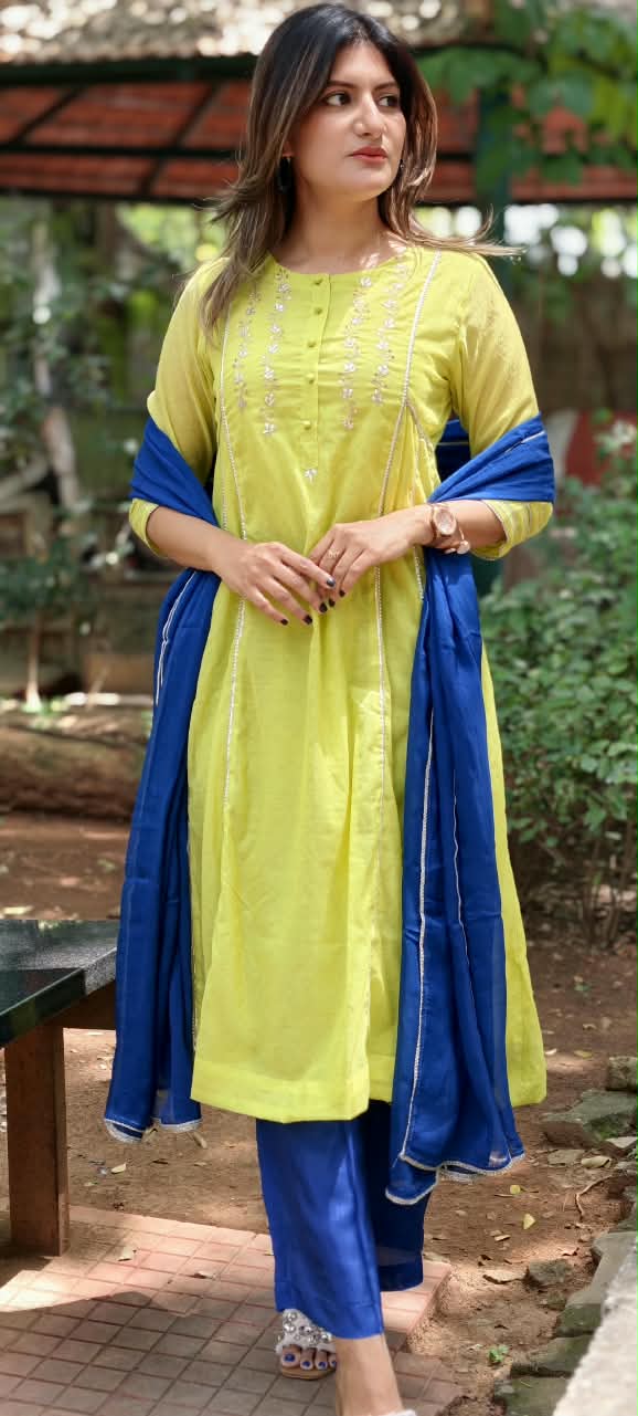 Twin Color Parrot Inspired Pure Chanderi A-Line Full Suit Set With Organza Dupatta- 16248
