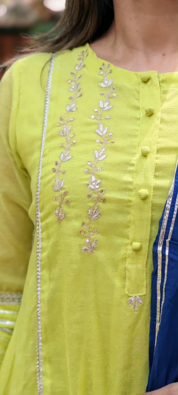 Twin Color Parrot Inspired Pure Chanderi A-Line Full Suit Set With Organza Dupatta- 16248