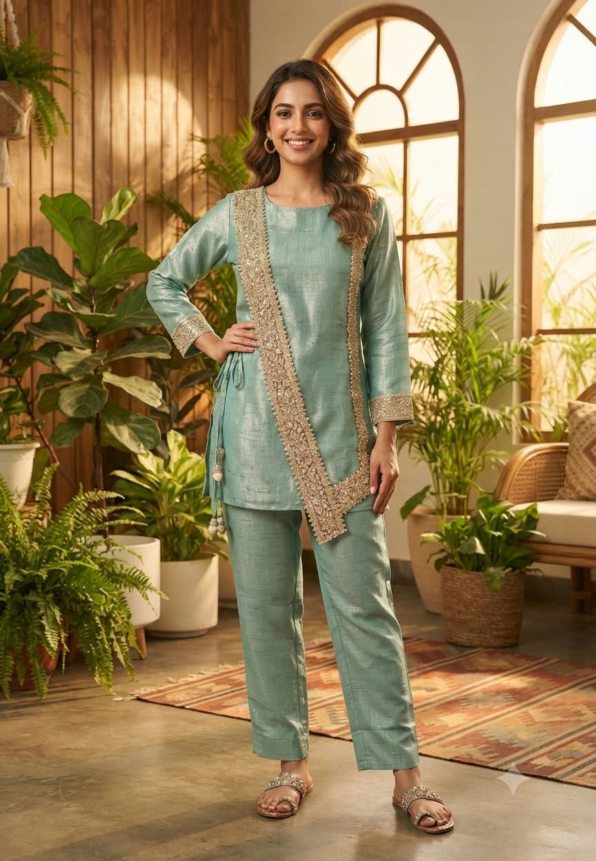 Ivory Over Lay Look Side Knotted Shimmer Embroidered Outline Premium Tissue Co-Ord Set- 15774