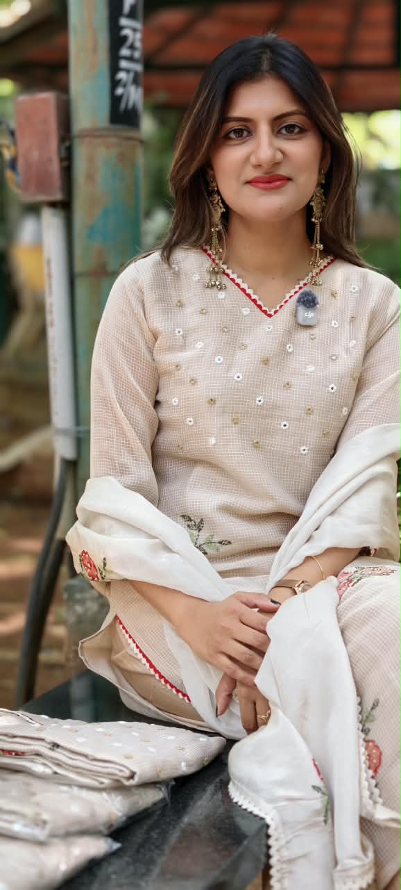 Kota Tissue Intricate Floral Embroidered Checks Shiny Full Suit Set With Dupatta- 16243