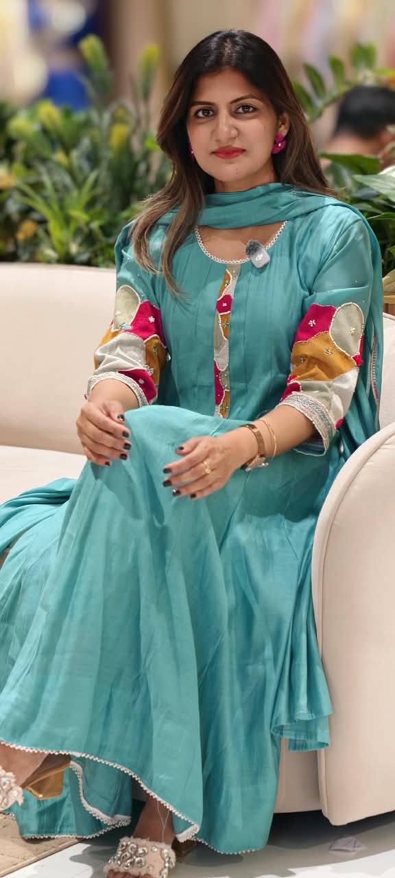 Vibrant Minimal Highlights Embroidered Banarasi Mul-Chanderi A-Line Full Suit Set With Dupatta- 16240
