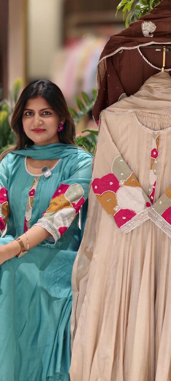 Vibrant Minimal Highlights Embroidered Banarasi Mul-Chanderi A-Line Full Suit Set With Dupatta- 16240