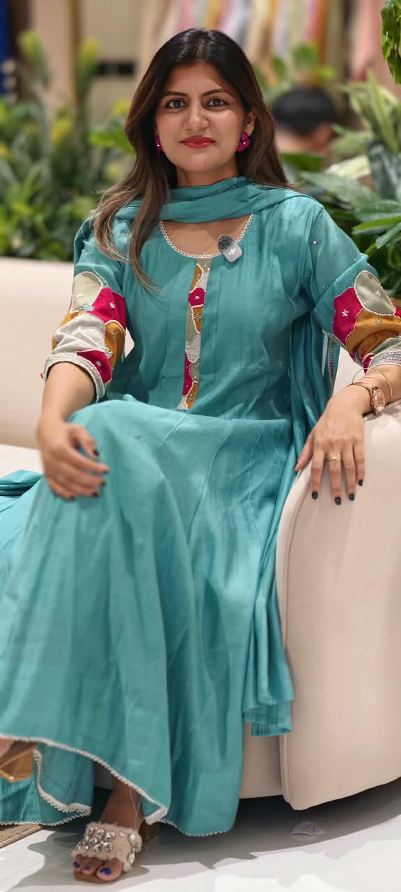 Vibrant Minimal Highlights Embroidered Banarasi Mul-Chanderi A-Line Full Suit Set With Dupatta- 16240