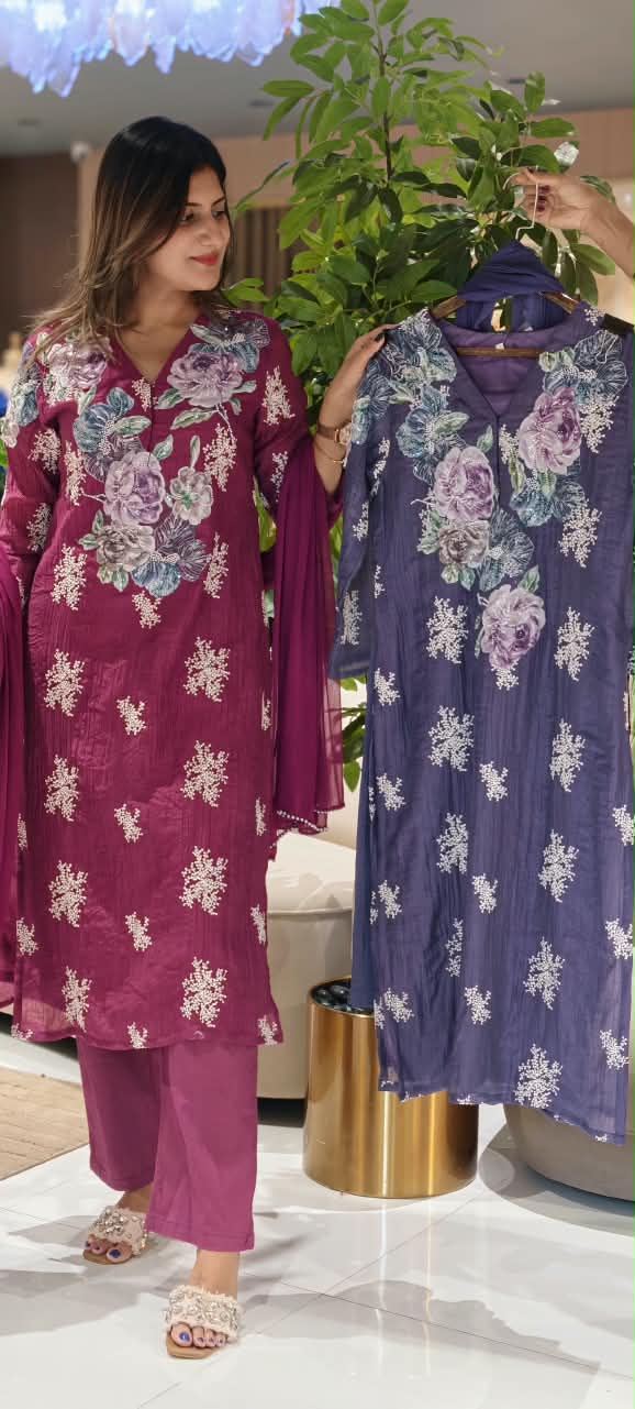 Exclusive 3D Floral Popped Embroidery Premium Fabric Straight Full Suit Set With Dupatta- 15205