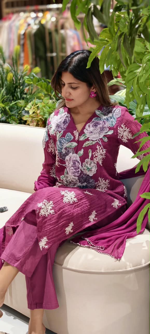 Exclusive 3D Floral Popped Embroidery Premium Fabric Straight Full Suit Set With Dupatta- 15205