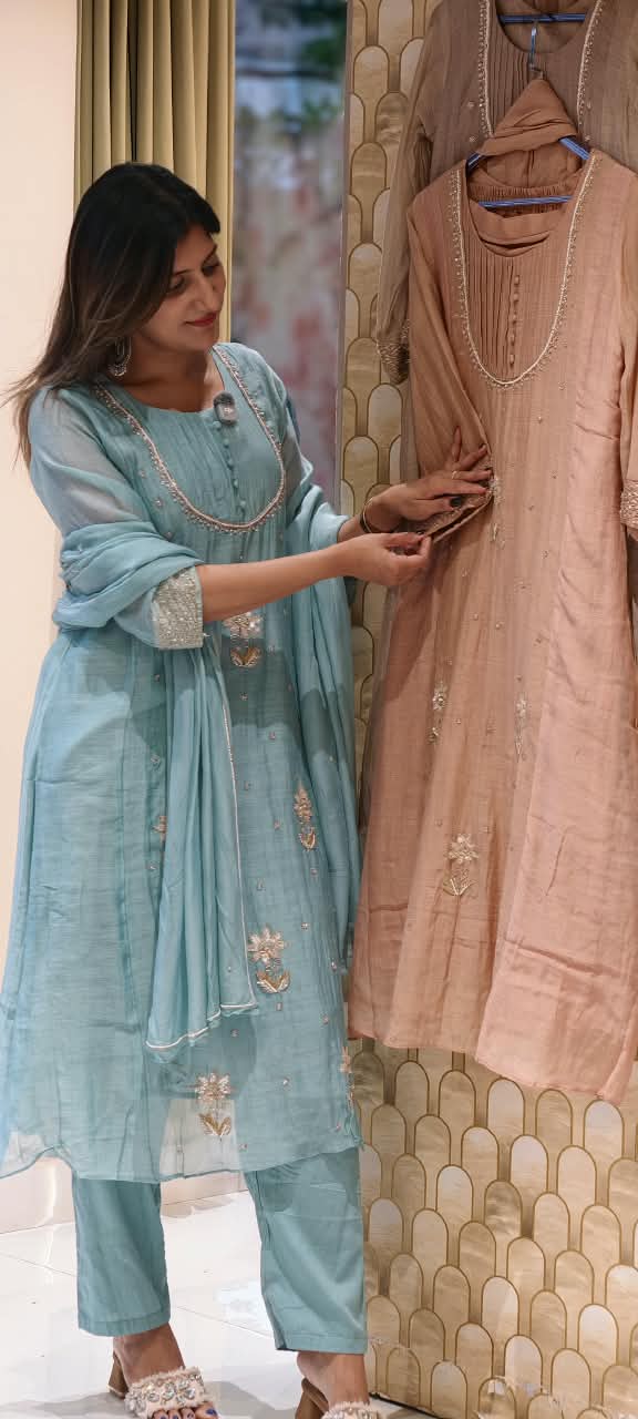 English Color Palette Suttle Work Beautiful A-Line Mul-Chanderi Full Suit Set With Dupatta-16220