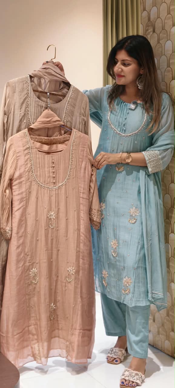 English Color Palette Suttle Work Beautiful A-Line Mul-Chanderi Full Suit Set With Dupatta-16220