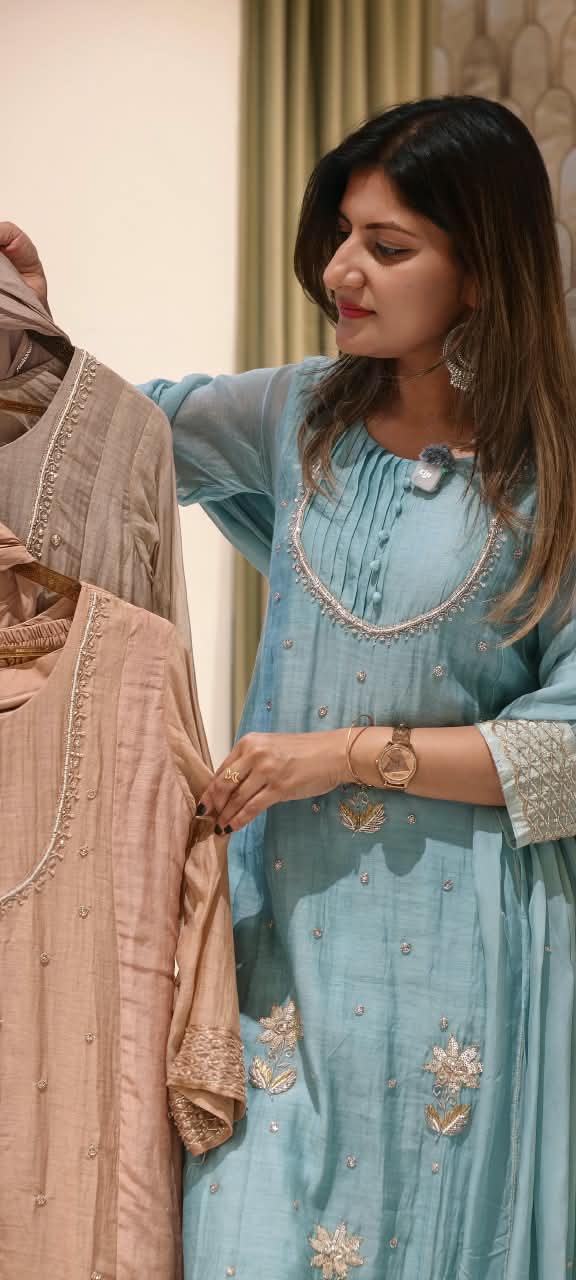 English Color Palette Suttle Work Beautiful A-Line Mul-Chanderi Full Suit Set With Dupatta-16220