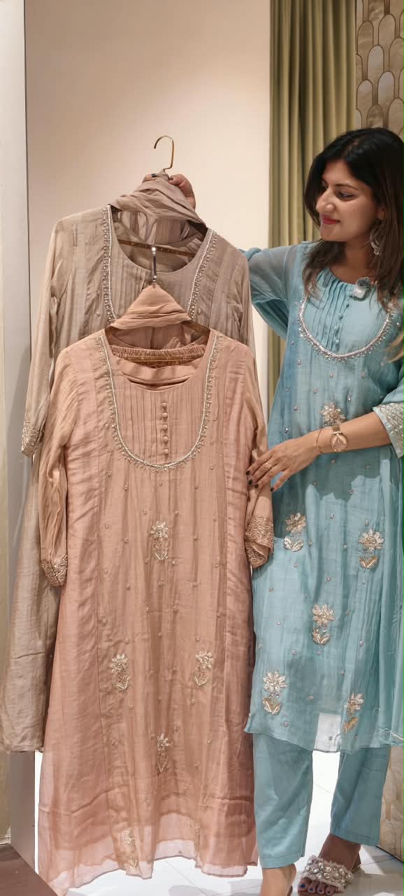English Color Palette Suttle Work Beautiful A-Line Mul-Chanderi Full Suit Set With Dupatta-16220