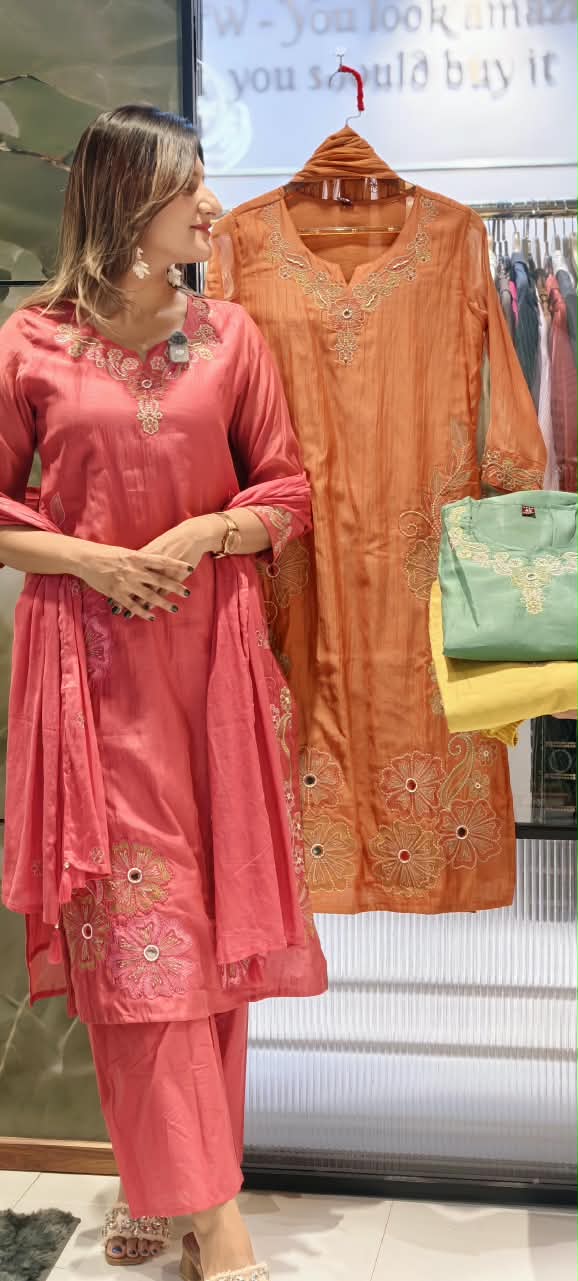Intricate Embroidered Elegance Surat Mul-Chanderi Straight Full Suit Set With Dupatta- 16085