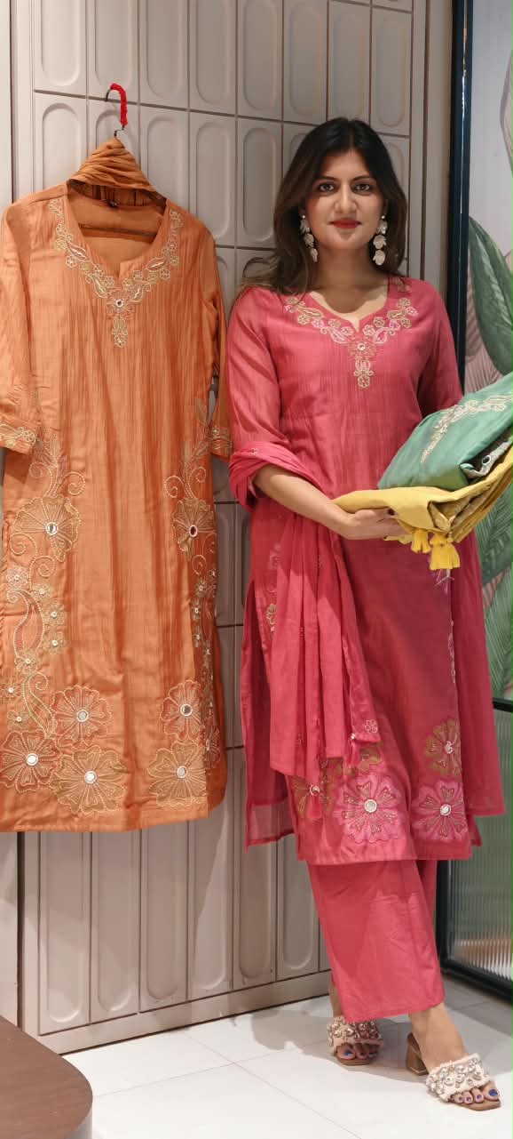 Intricate Embroidered Elegance Surat Mul-Chanderi Straight Full Suit Set With Dupatta- 16085