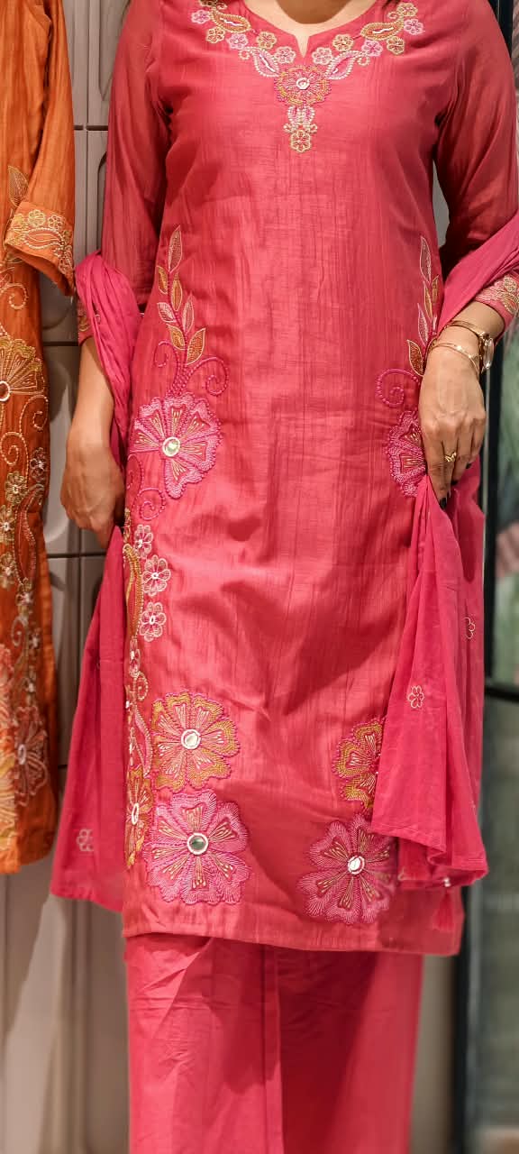 Intricate Embroidered Elegance Surat Mul-Chanderi Straight Full Suit Set With Dupatta- 16085