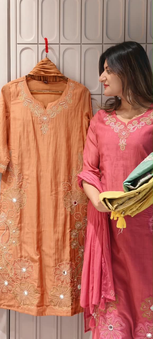 Intricate Embroidered Elegance Surat Mul-Chanderi Straight Full Suit Set With Dupatta- 16085