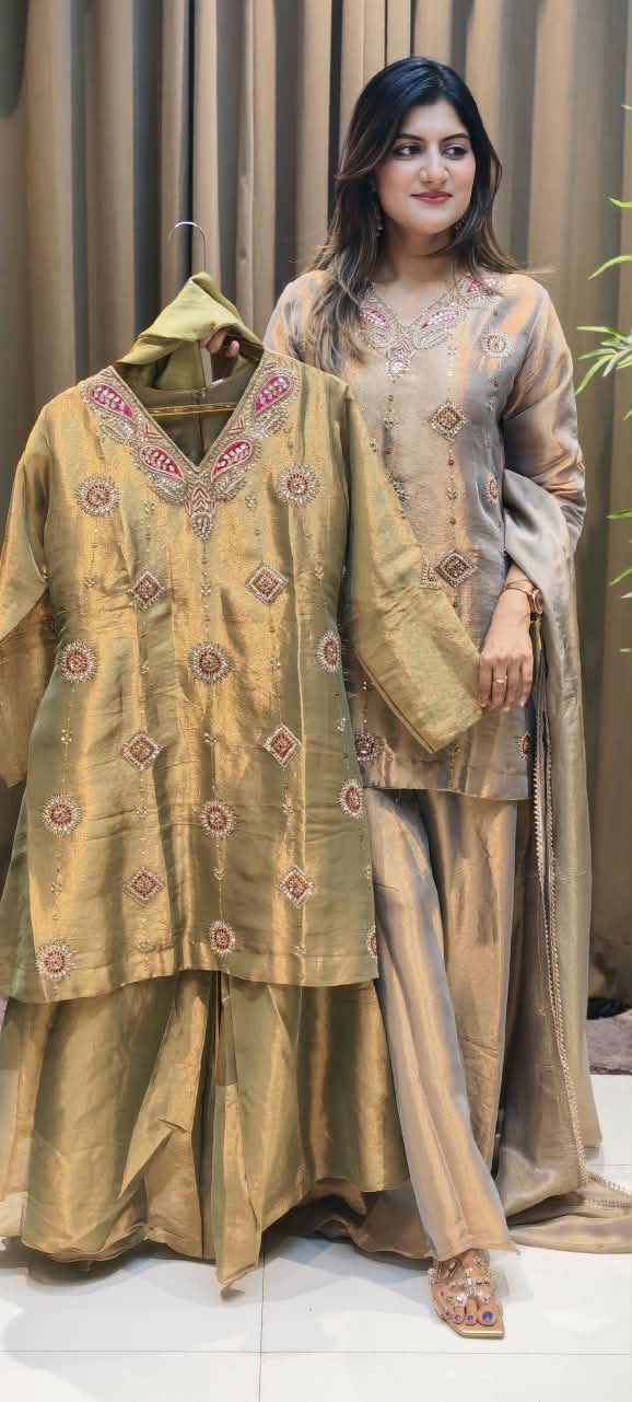 Antique Color Pallete Metallic Embroidery Short Length Kurti With Flared Palazzo Bottom & Matching Dupatta- 15864