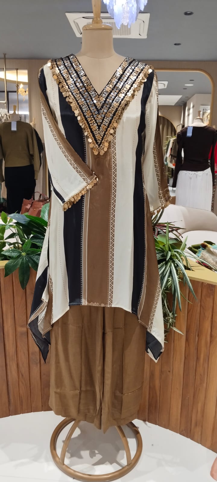 Stunning Sequin With Foil Elegance Striped Stylish Crepe High-Low Co-Ord Set- 16273