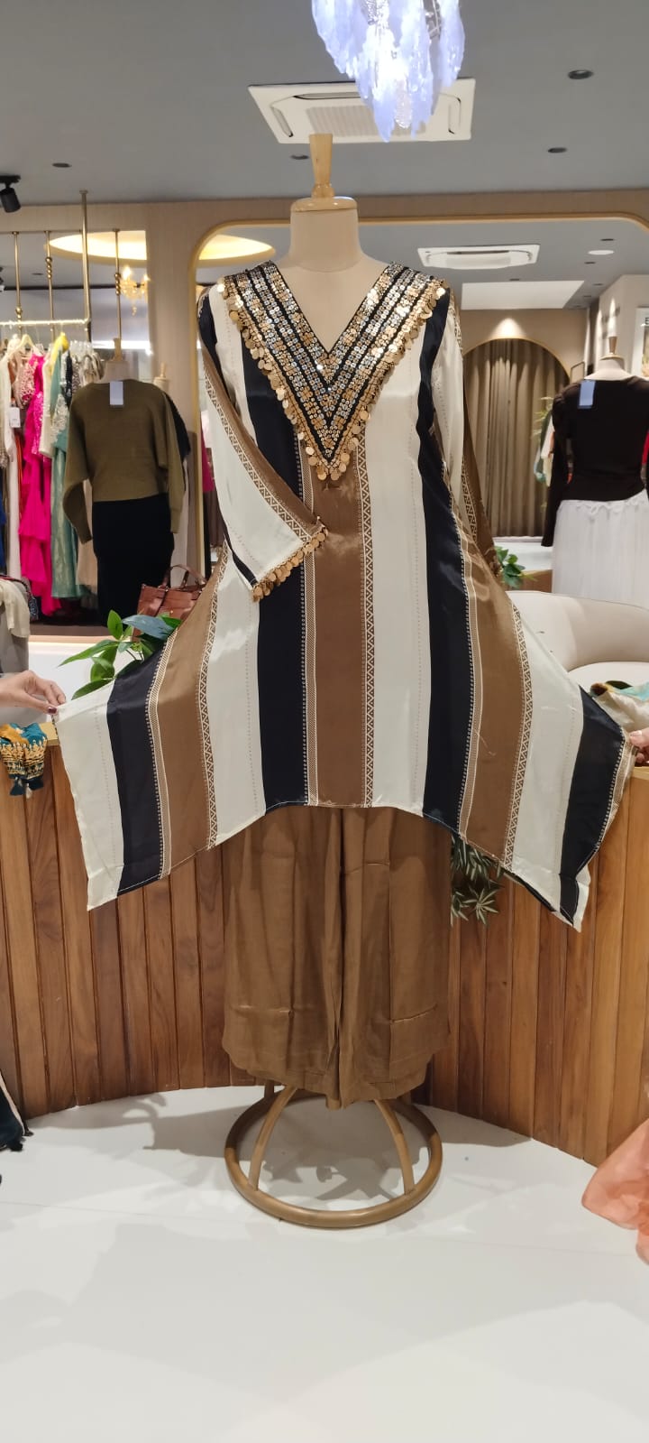 Stunning Sequin With Foil Elegance Striped Stylish Crepe High-Low Co-Ord Set- 16273