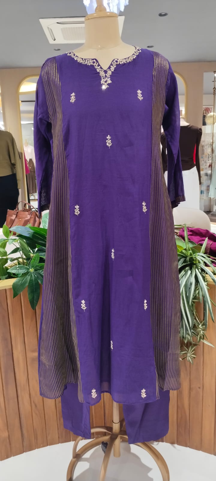 Intricate Beaded Embroidery Striped Side Panels A-Line Mul-Chanderi Full Suit Set With Dupatta- 16265