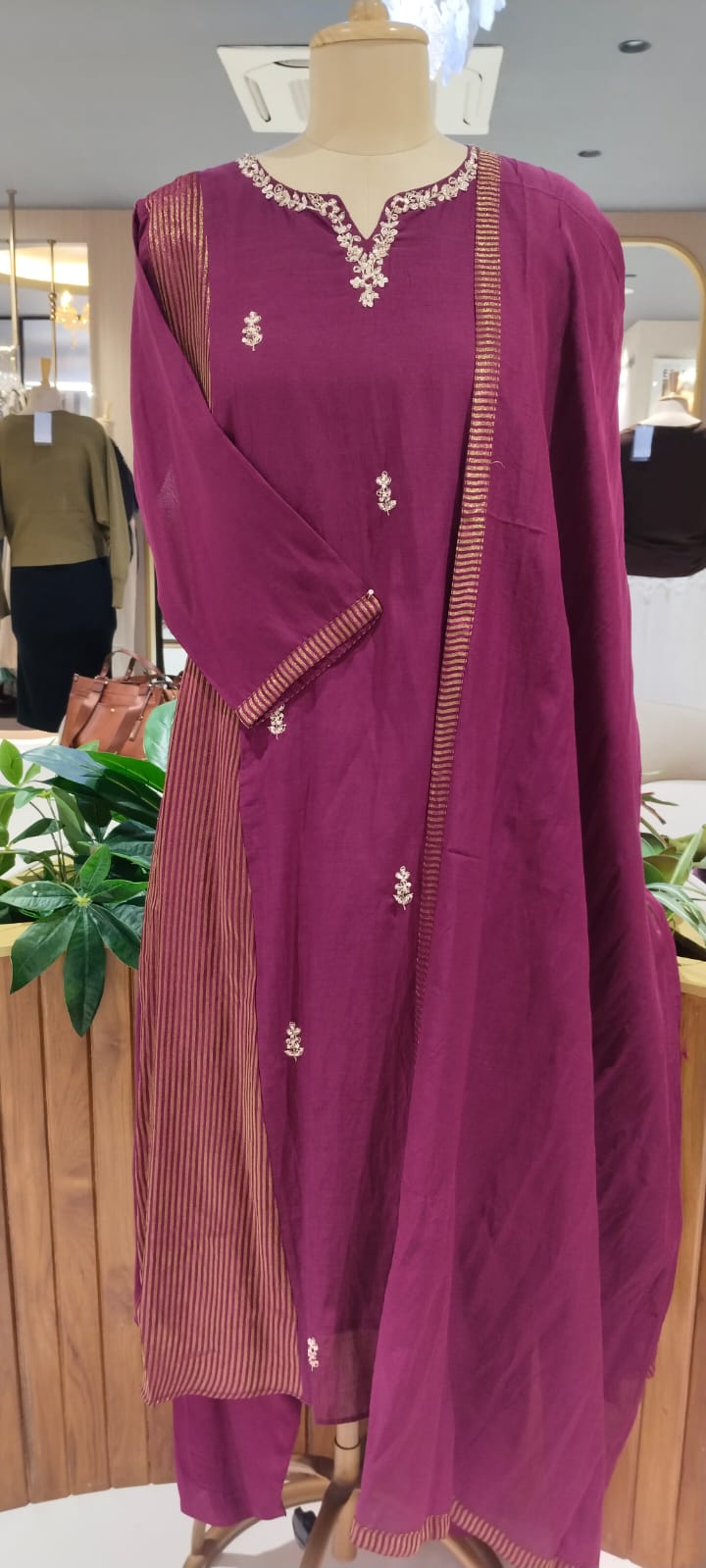 Intricate Beaded Embroidery Striped Side Panels A-Line Mul-Chanderi Full Suit Set With Dupatta- 16265