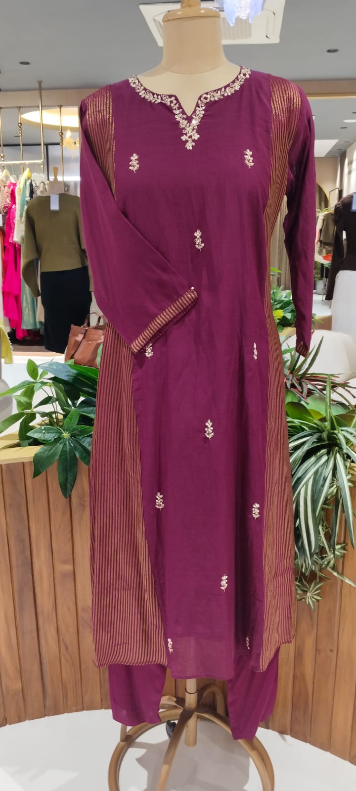Intricate Beaded Embroidery Striped Side Panels A-Line Mul-Chanderi Full Suit Set With Dupatta- 16265