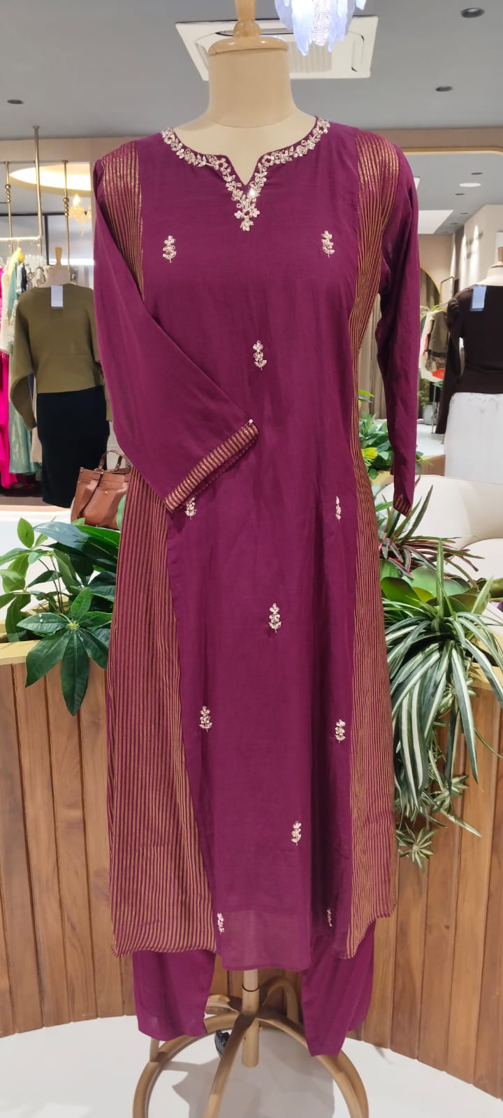 Intricate Beaded Embroidery Striped Side Panels A-Line Mul-Chanderi Full Suit Set With Dupatta- 16265