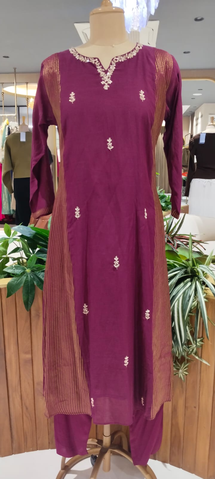 Intricate Beaded Embroidery Striped Side Panels A-Line Mul-Chanderi Full Suit Set With Dupatta- 16265