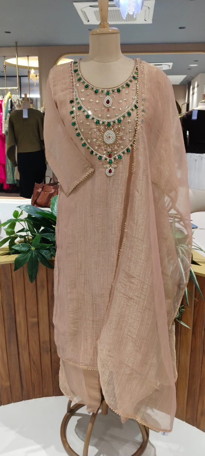Elegant Green Gym Stone Jewel Yoke Crush Tissue Straight Full Suit Set With Dupatta- 15286