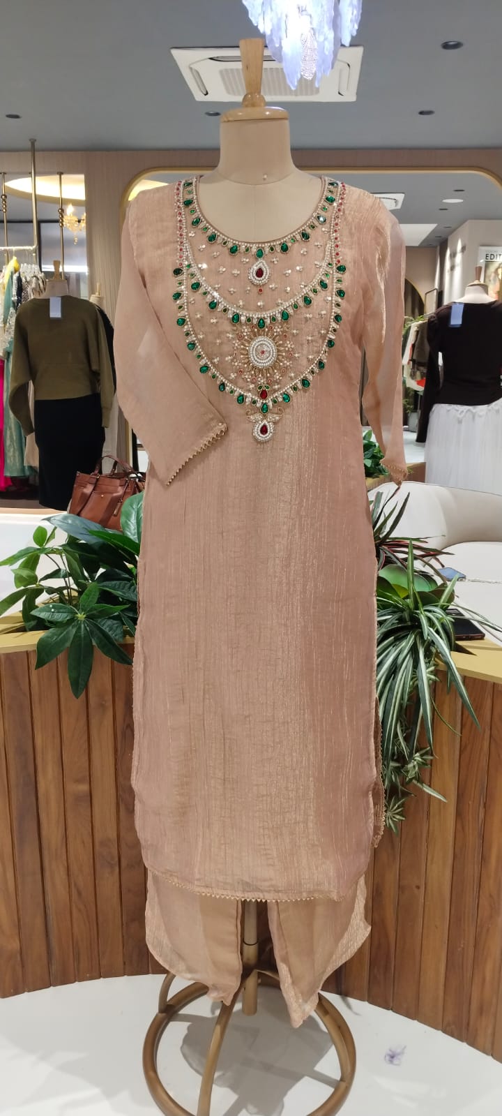 Elegant Green Gym Stone Jewel Yoke Crush Tissue Straight Full Suit Set With Dupatta- 15286