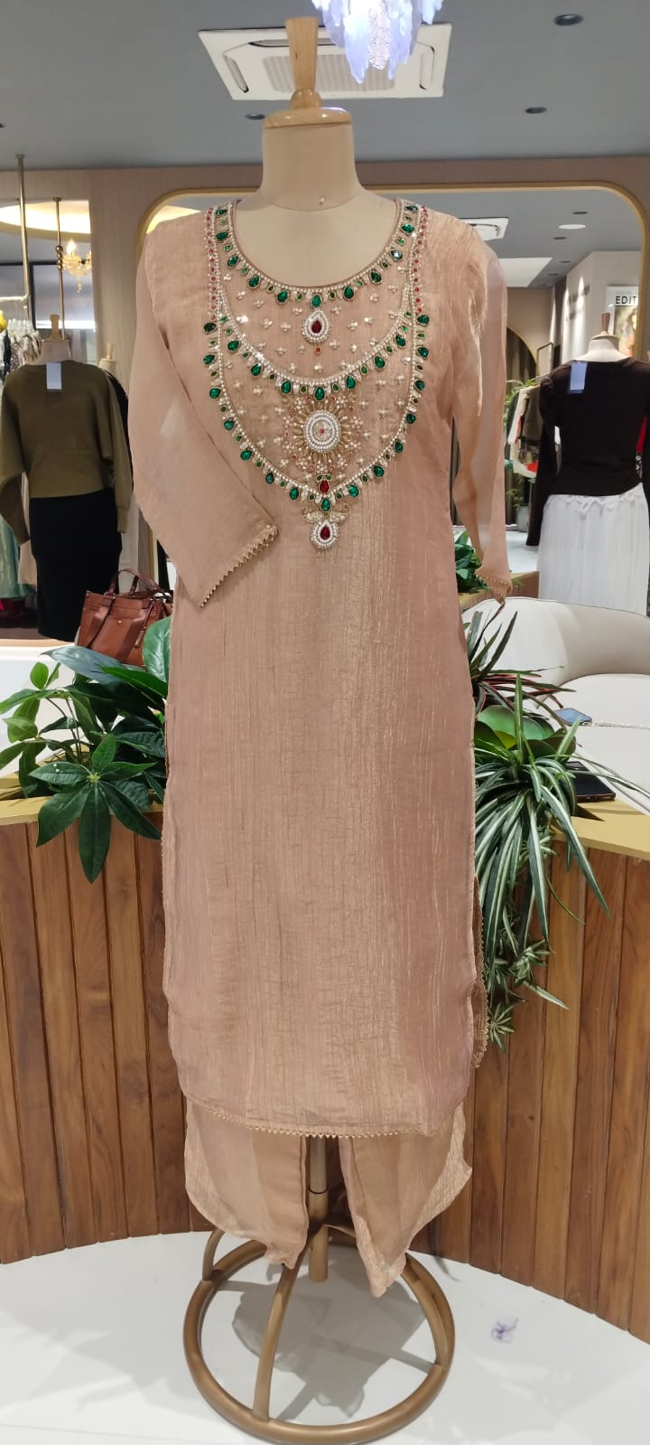 Elegant Green Gym Stone Jewel Yoke Crush Tissue Straight Full Suit Set With Dupatta- 15286