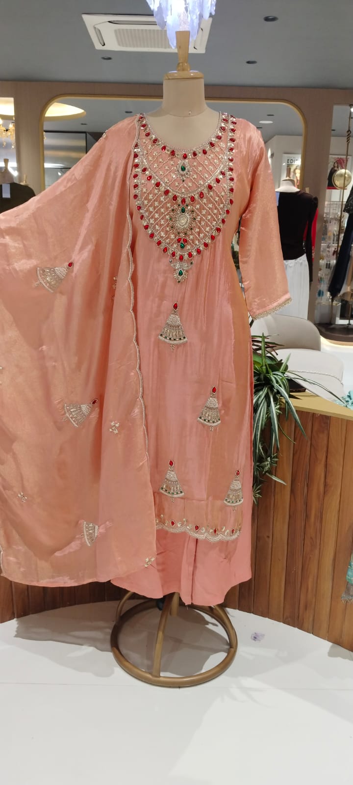 Red Gym Stone Jewel Elegance Elegant Handwork Tissue Full Suit Set With Loose Bottom & Dupatta- 16269