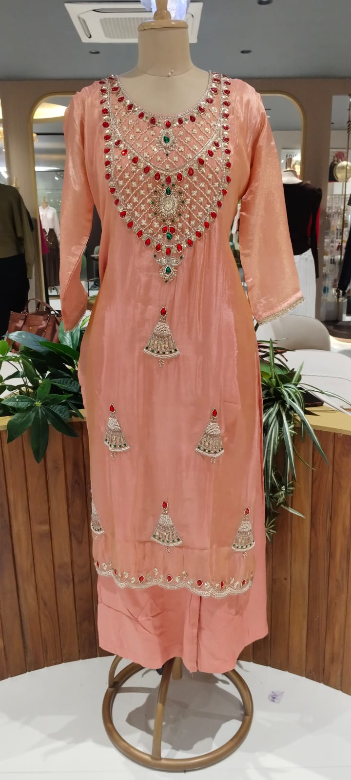 Red Gym Stone Jewel Elegance Elegant Handwork Tissue Full Suit Set With Loose Bottom & Dupatta- 16269