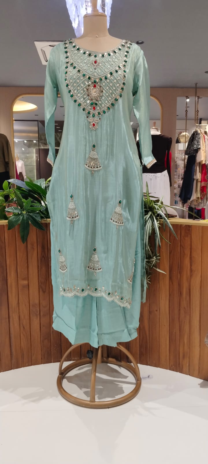 Red Gym Stone Jewel Elegance Elegant Handwork Tissue Full Suit Set With Loose Bottom & Dupatta- 16269