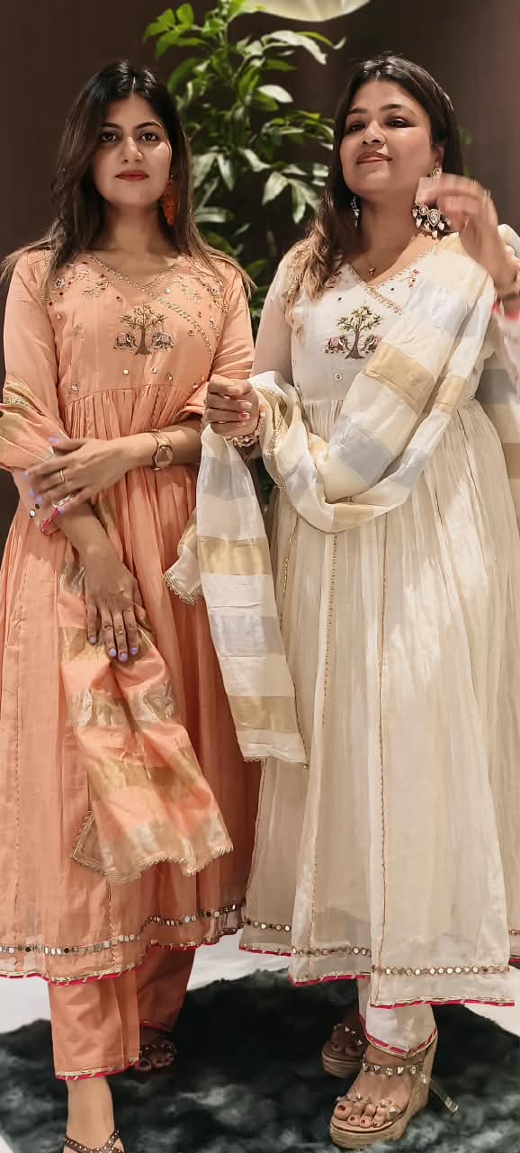 Banarasi Mul-Chanderi Tree Of Life Angrakha Embroidered Joint Anarkali Full Suit Set With Dupatta-16282