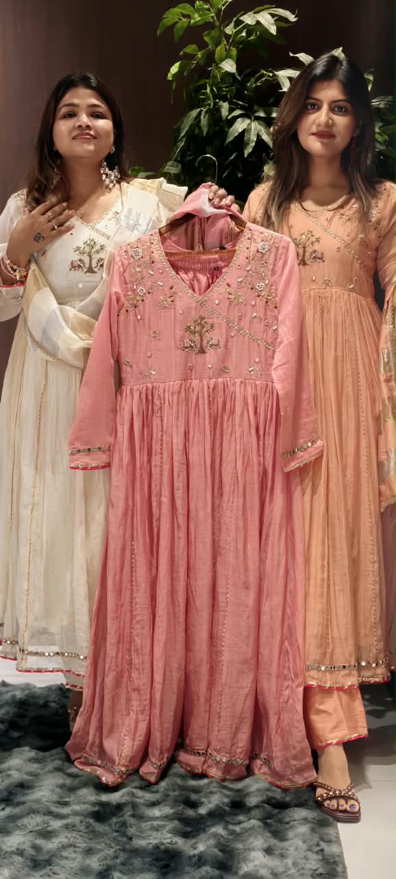 Banarasi Mul-Chanderi Tree Of Life Angrakha Embroidered Joint Anarkali Full Suit Set With Dupatta-16282