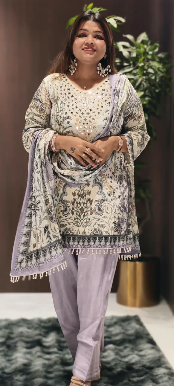 Real Mirror Elegance Flowy Crepe Digital Floral Prints Farshi Salwar Full Suit Set With Chiffon Dupatta- 16285