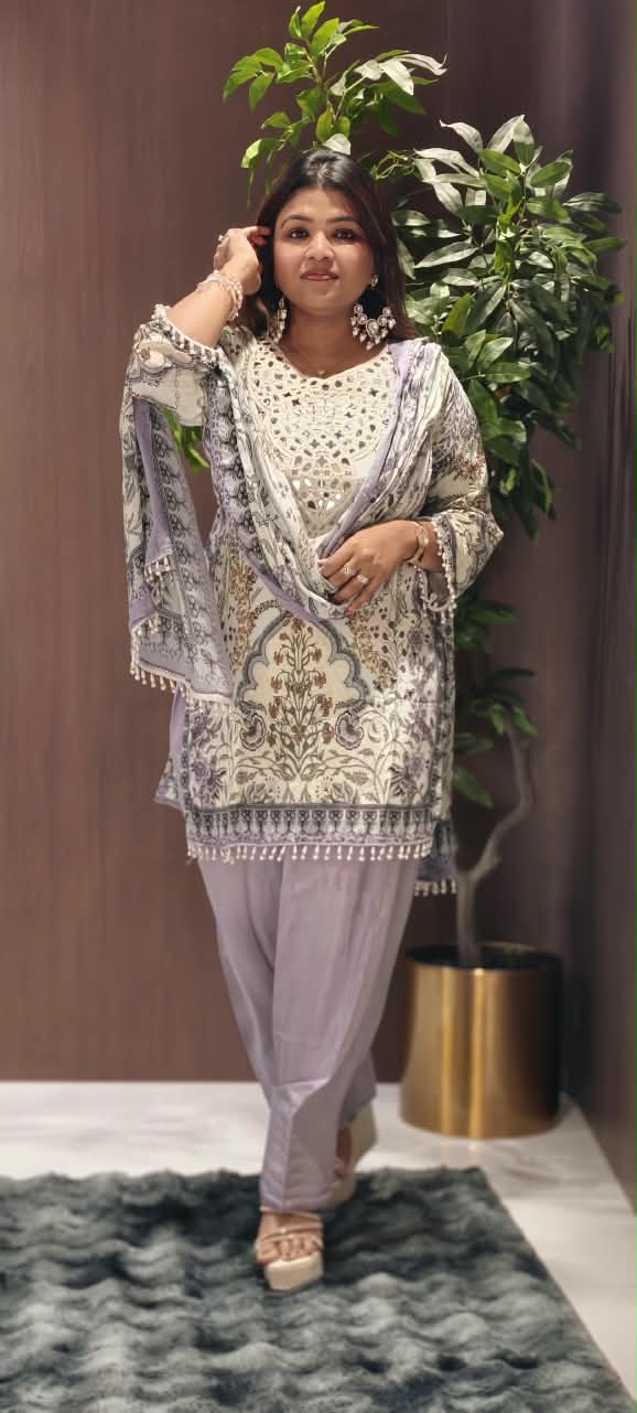 Real Mirror Elegance Flowy Crepe Digital Floral Prints Farshi Salwar Full Suit Set With Chiffon Dupatta- 16285